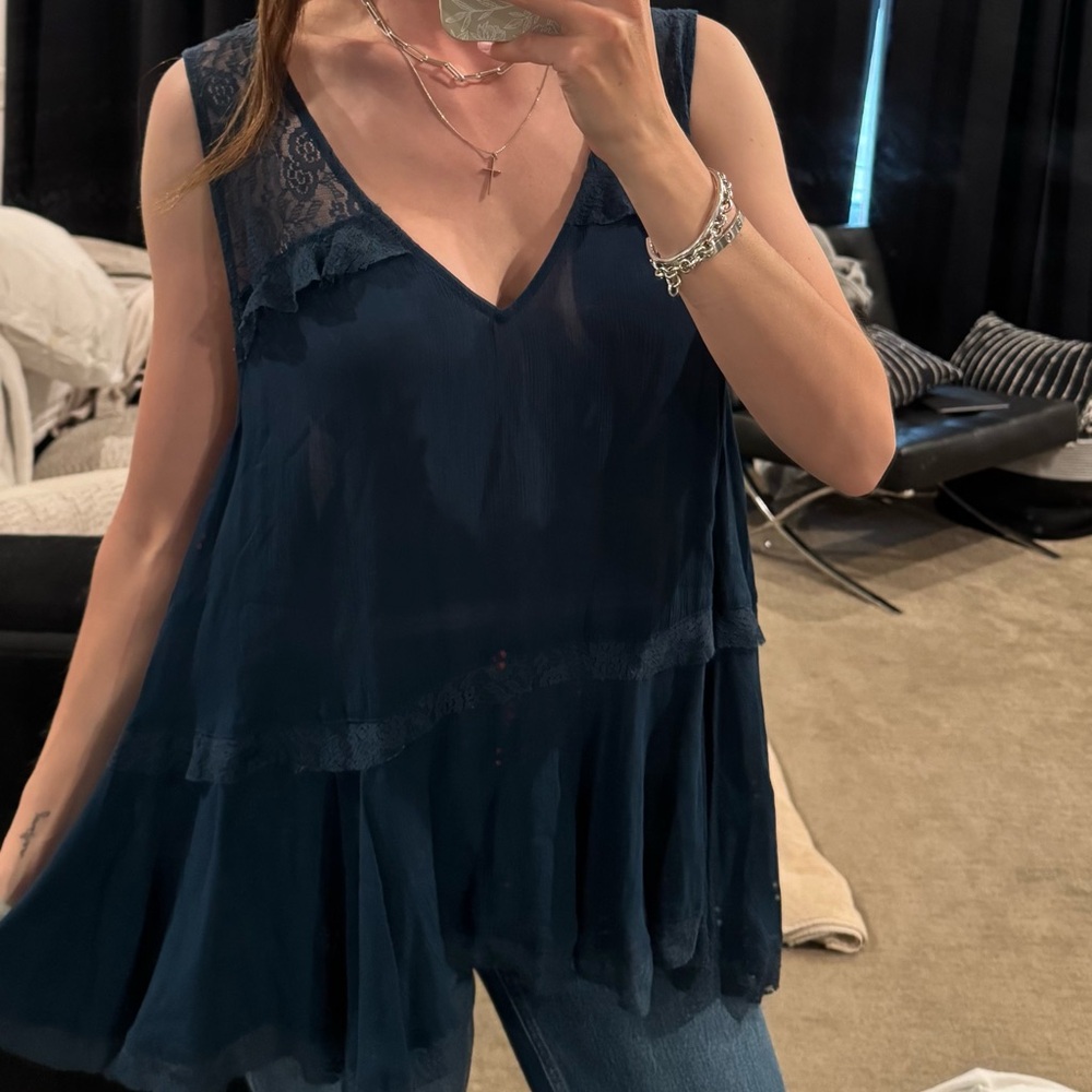 Elegant Navy Lace Trim Women's Top